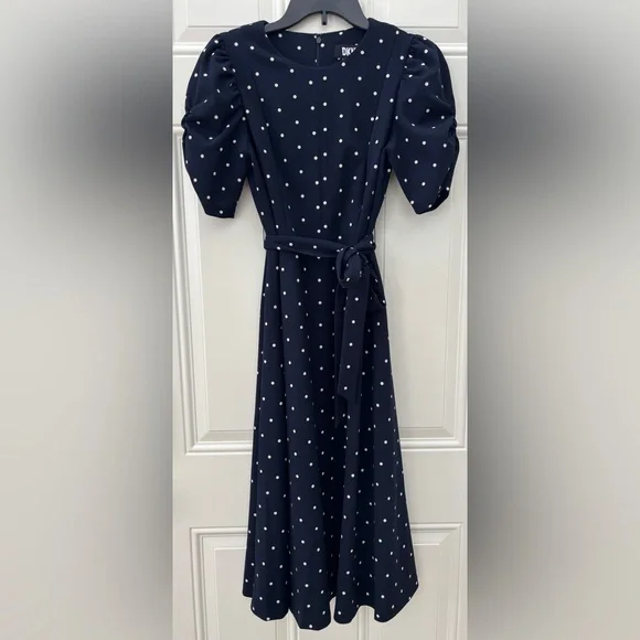 DNKY | Dresses | Dkny Navy Blue Polka Dot Mini Dress Puffed Short Sleeves  Tie Waist Size 6 | Poshmark